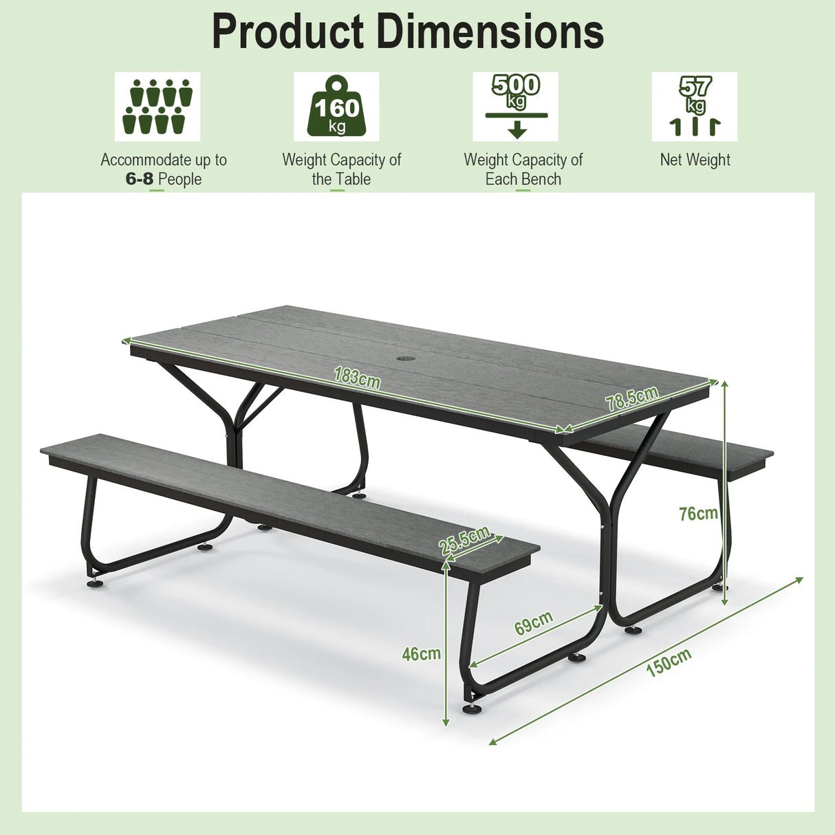 6 Feet Outdoor Picnic Table Bench Set for 6-8 People-Gray