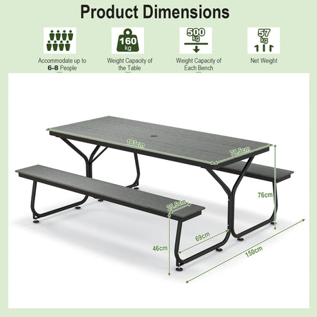 6 Feet Outdoor Picnic Table Bench Set for 6-8 People-Gray