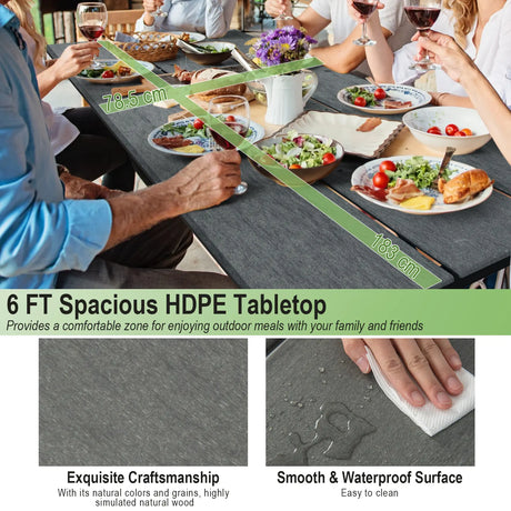 6 Feet Outdoor Picnic Table Bench Set for 6-8 People-Gray