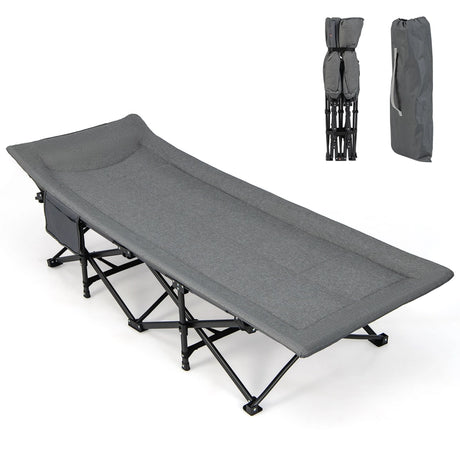 Folding Camping Cot with Carry Bag Cushion and Headrest-Gray