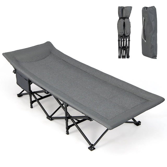 Folding Camping Cot with Carry Bag Cushion and Headrest-Gray