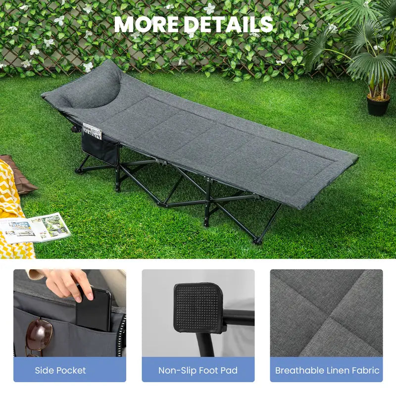 Folding Camping Cot with Carry Bag Cushion and Headrest-Gray