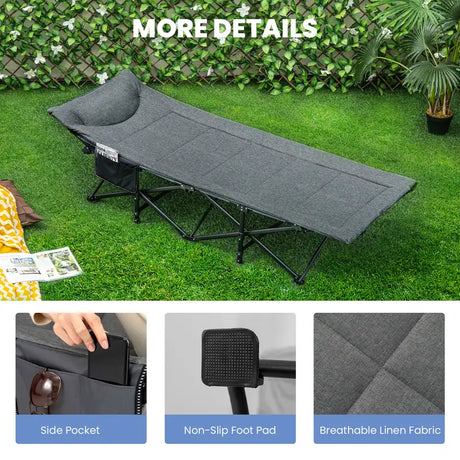 Folding Camping Cot with Carry Bag Cushion and Headrest-Gray
