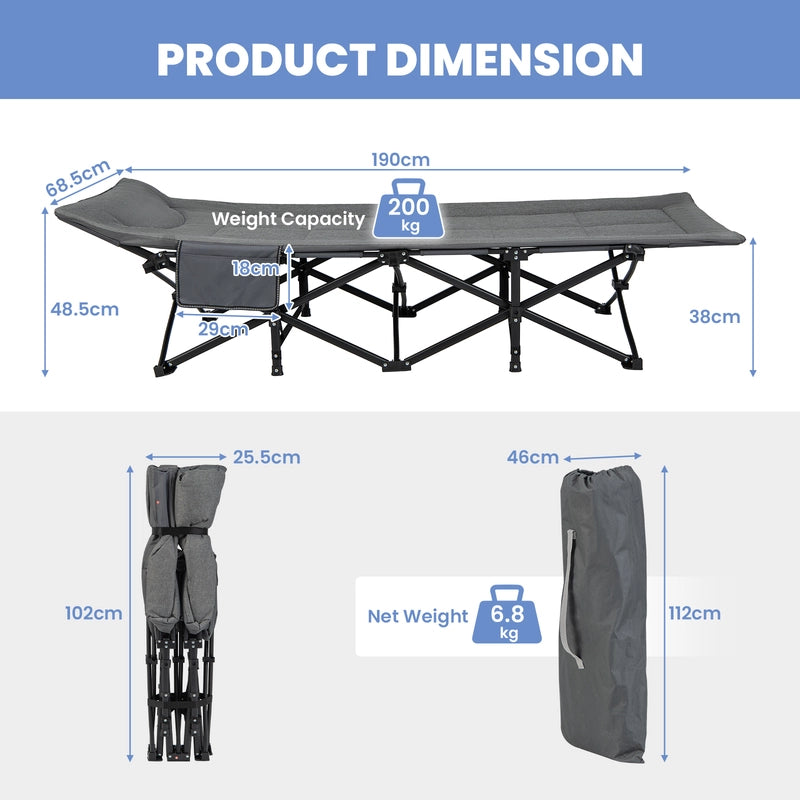 Folding Camping Cot with Carry Bag Cushion and Headrest-Gray