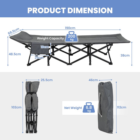 Folding Camping Cot with Carry Bag Cushion and Headrest-Gray