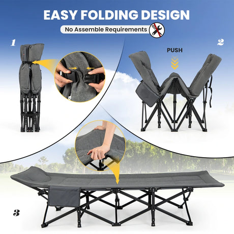 Folding Camping Cot with Carry Bag Cushion and Headrest-Gray