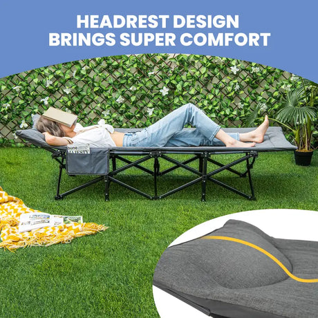 Folding Camping Cot with Carry Bag Cushion and Headrest-Gray