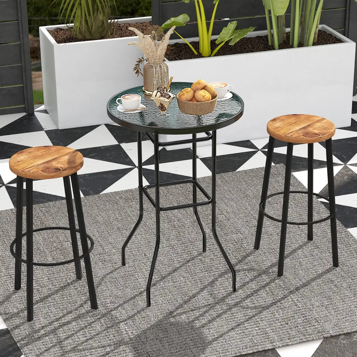 38 Inch Patio Bar Table with Tempered Glass Tabletop
