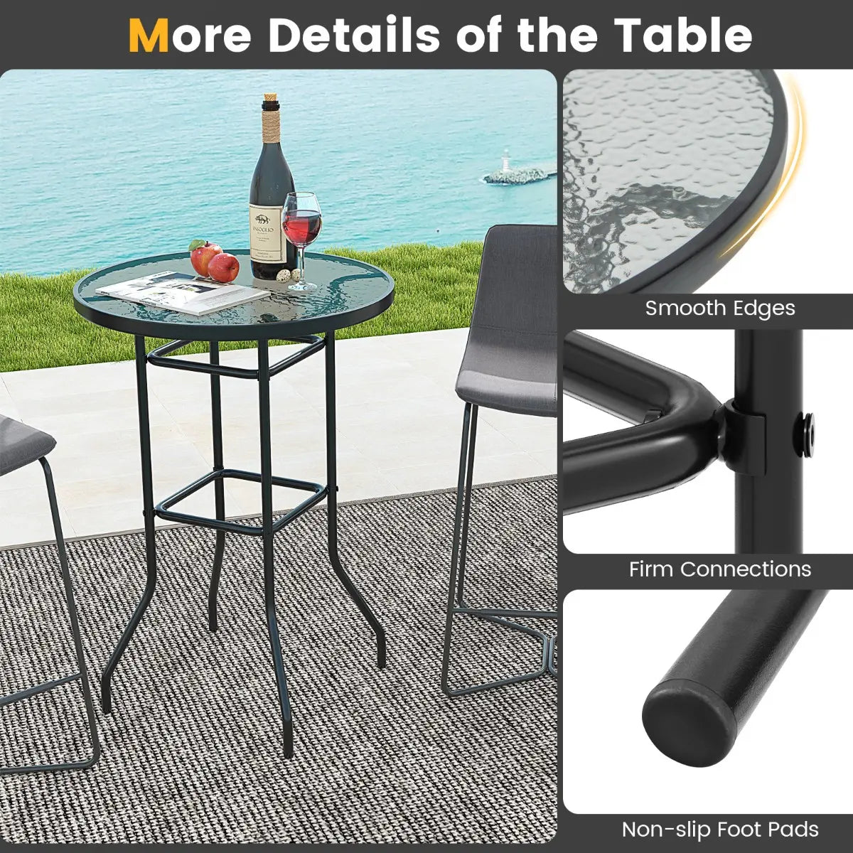 38 Inch Patio Bar Table with Tempered Glass Tabletop