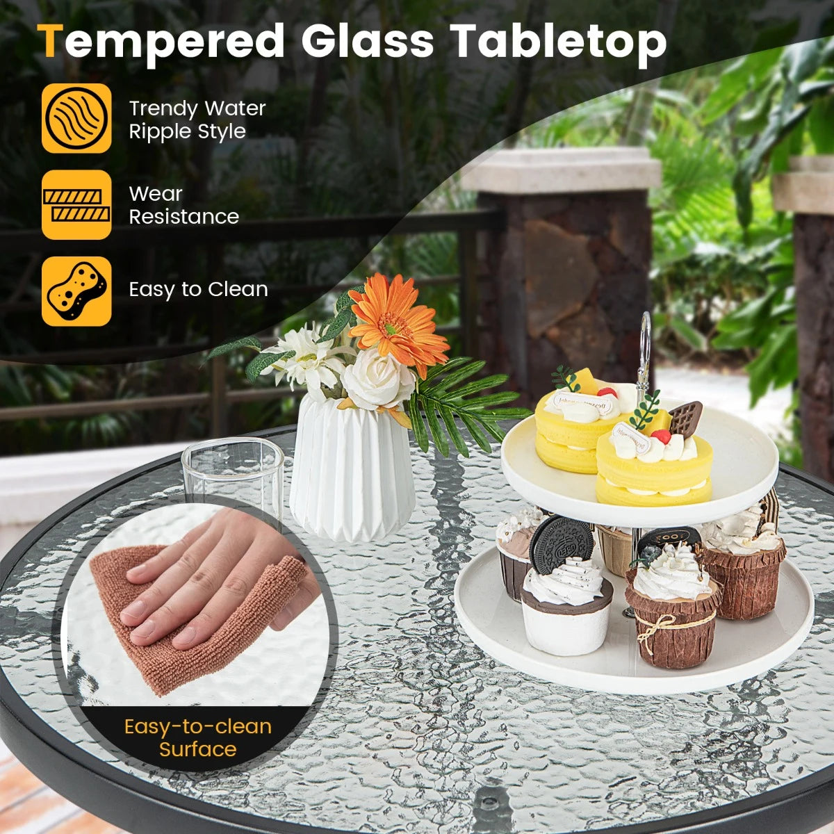 38 Inch Patio Bar Table with Tempered Glass Tabletop