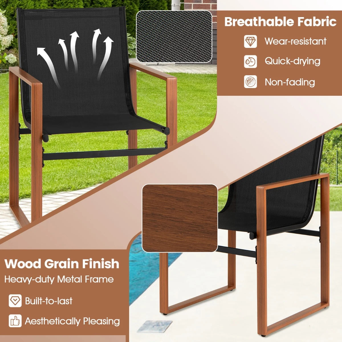 Outdoor Dining Chairs with Breathable Seat and Backrest Set of 2-Black