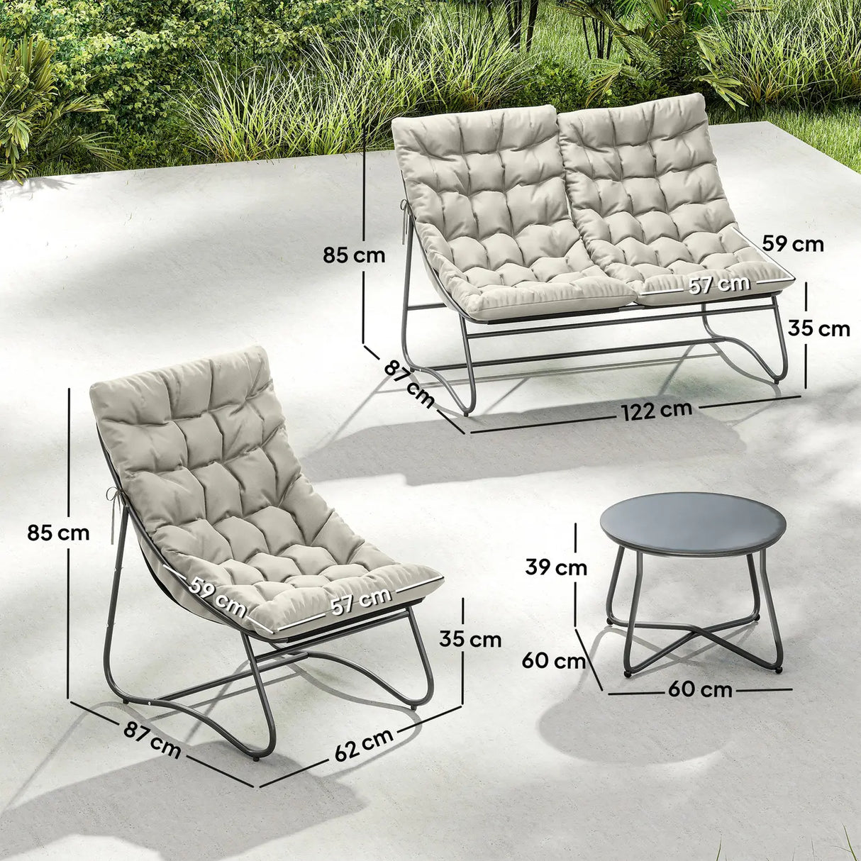 Outsunny 4 Seater Garden Furniture Set, Conversation Set with Loveseat Sofa, Chairs, Glass Coffee Table, Thick Cushions, Steel Outdoor Sofa for Balcony, Poolside, Conservatory, Light Grey