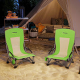 Outsunny Set of 2 Folding Beach Chair, Low Camping Chair with Mesh Back, Carry Bag and Cup Holder for Garden Outdoor Picnic Festival Travel, Green
