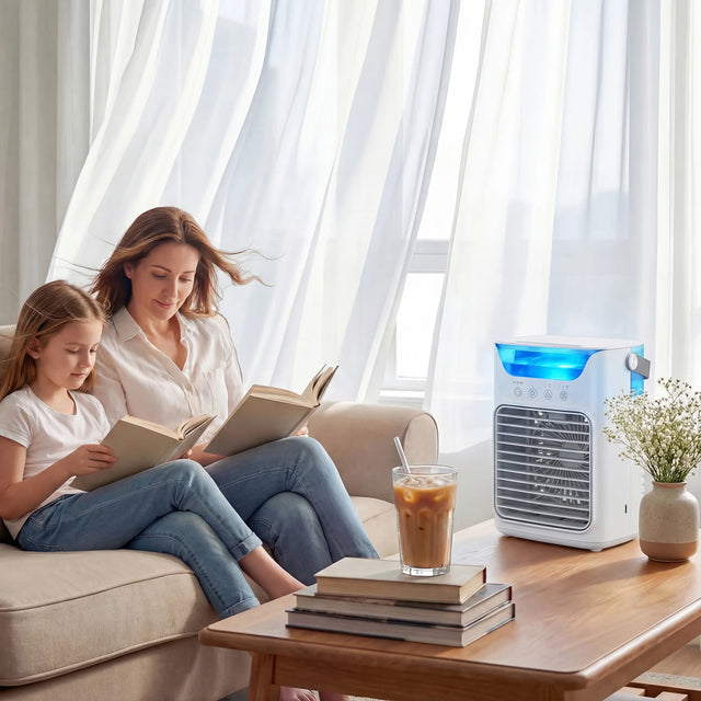 HOMCOM Air Cooler with Adjustable Head, Portable Air Conditioner with 3 Wind Speed, 2 Cool Mist, RGB Light, White