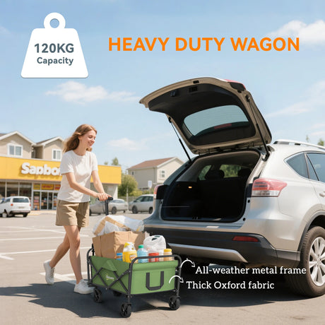 Outsunny 62L Festival Trolley on Wheels, Garden Folding Trolley Cart, 120kg Heavy Duty Collapsible Folding Wagon with Adjustable Handle and Carrying Bag for Beach, Camping, Festival, Green