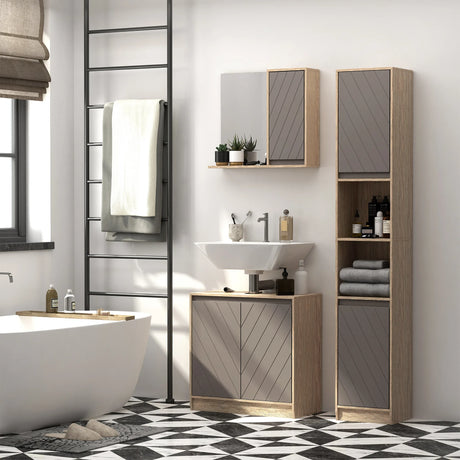 HOMCOM Narrow Bathroom Cabinet, Slim Bathroom Storage Unit with Open Compartment, Freestanding Storage Cupboard with Adjustable Shelves for Small Spaces, 30 x 24 x 170 cm, Grey and Oak