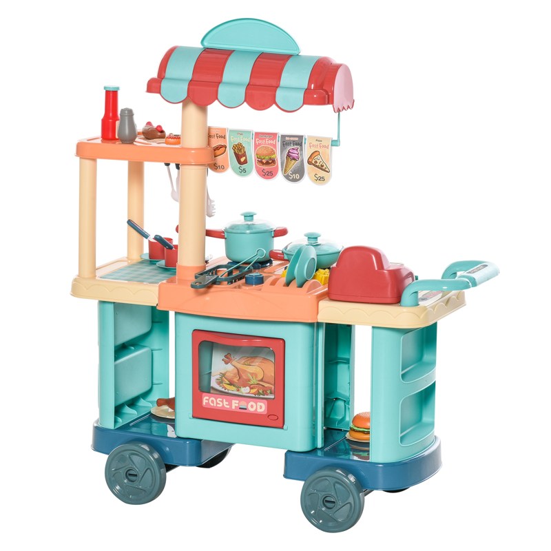 HOMCOM 50 Pcs Kids Kitchen Play set Fast Food Trolley Cart Pretend Playset Toys with Play Food Cashier Register Accessories Gift for Boys Girls Age 3-6