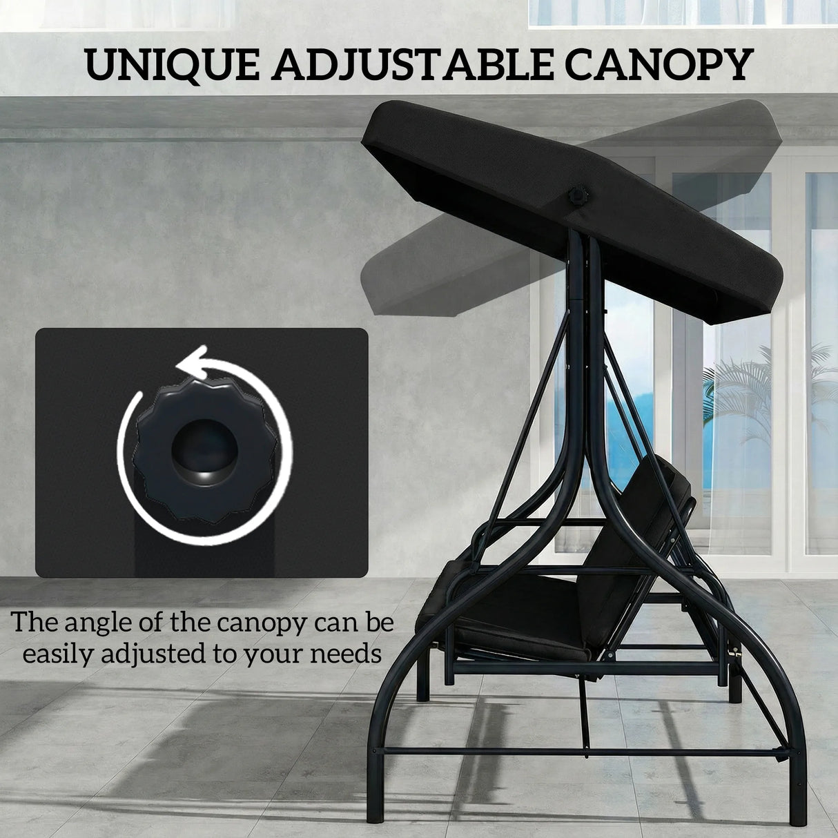 Outsunny 3 Seater Canopy Swing Chair, 2 in 1 Garden Swing Seat Bed, with Adjustable Canopy and Metal Frame, Black