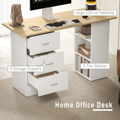 HOMCOM Computer Desk, Writing Table, PC Workstation with 3 Storage Shelves and Drawers, Silver Handle, for Home Office, Natural Wood Finish and White