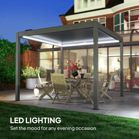 Outsunny 3 x 3(m) Electric Louvered Pergola with LED Lights, Aluminium Pergola Hardtop Gazebo with Remote, Adjustable Roof and Drainage System, Water and UV Proof