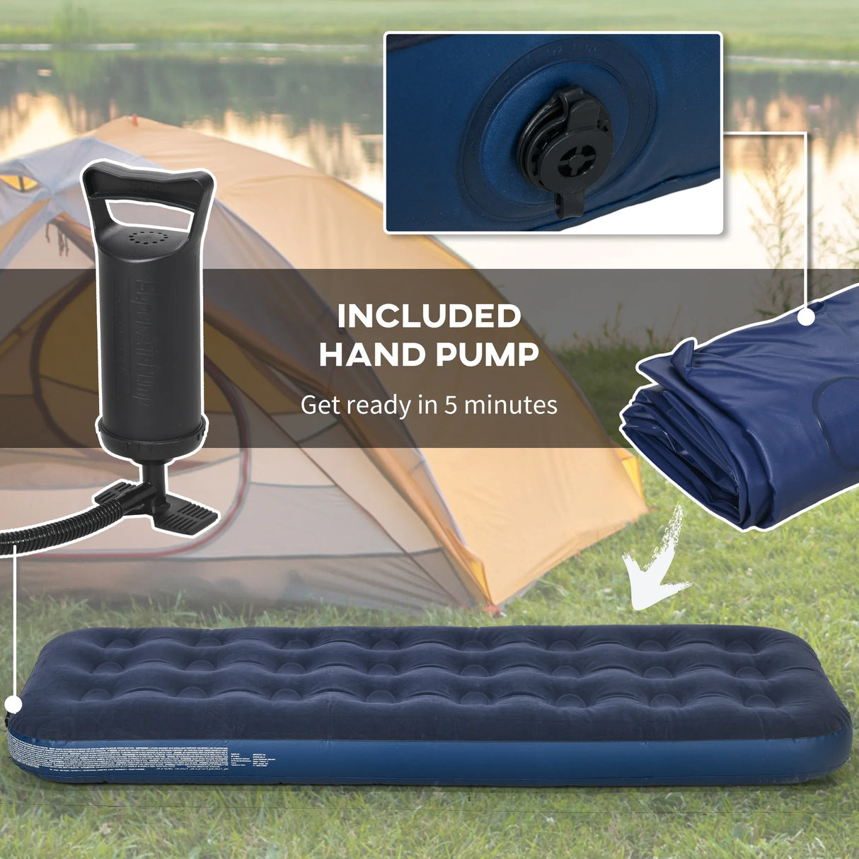 Outsunny Single Air Bed with Hand Pump, Inflatable Mattress with Flocked Surface for Guest, Camping, Travel, 191 x 73 x 22cm, Blue