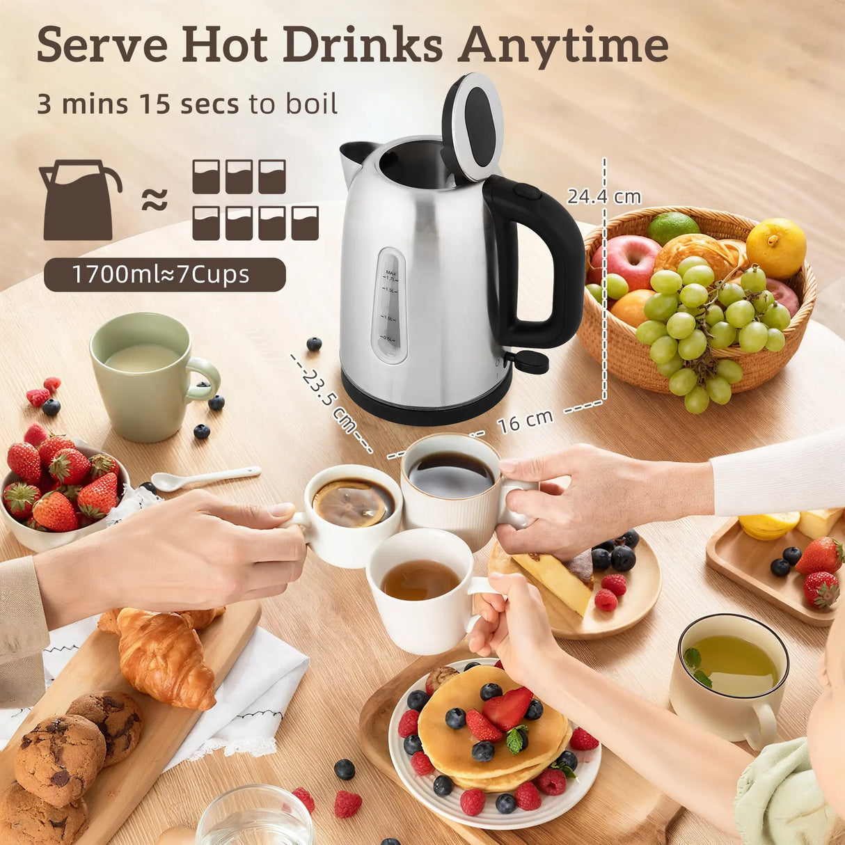 HOMCOM Kettle and Toaster Set, 1.7L 3000W Rapid Boil Jug Kettle with Strix Thermostat, Limescale Filter, 4 Slice Toaster with 7 Browning Controls, Crumb Tray, Silver Tone