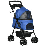 PawHut Dog Pram Dog Stroller Foldable Pet Pushchair with 4 Wheels, Safety Leashes, Cup Holder for Small Dogs, Blue