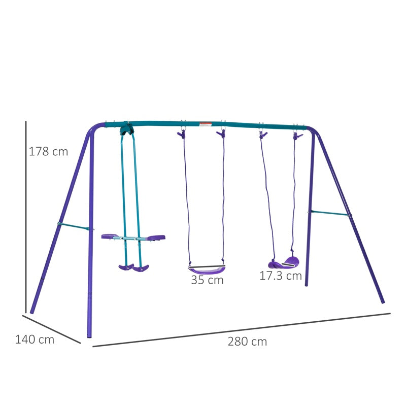 Outsunny Height Adjustable Metal Swing Set with Glider, Two Swing Seats and Adjustable Height, Outdoor Heavy Duty A-Frame