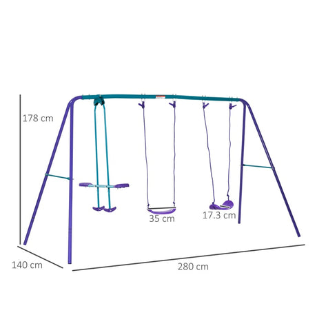 Outsunny Height Adjustable Metal Swing Set with Glider, Two Swing Seats and Adjustable Height, Outdoor Heavy Duty A-Frame