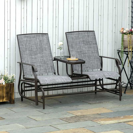 Outsunny 2 Seats Garden Glider Bench, Metal Frame Loveseat with Glass Top  Centre Table, Porch Rocking Glider for 2 Person, for Deck, Patio, Brown/ Grey