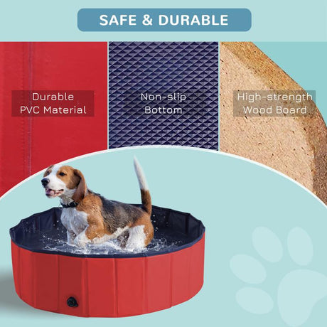 PawHut Foldable Dog Paddling Pool Pet Cat Swimming Pool Indoor/ Outdoor Collapsible Summer Bathing Tub Shower Tub Puppy Washer, Φ 100 x 30H cm, Red