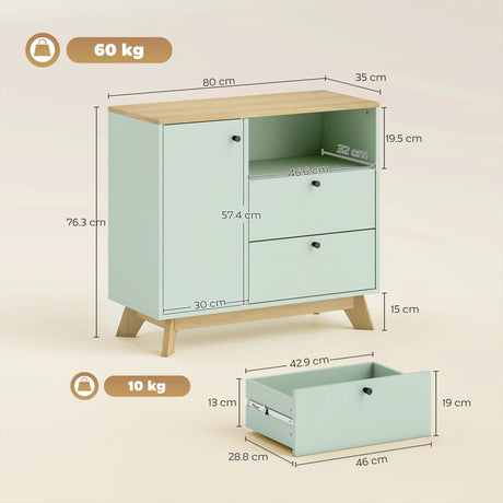 HOMCOM Sideboard Storage Cabinet, 80 cm Buffet Cabinet with 2 Drawers, Open Compartment, Adjustable Shelf, Light Green and Oak