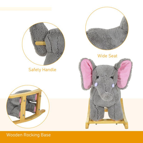 HOMCOM Kids Children Rocking Horse Plush Ride on Animal Wooden Riding Traditional Rocker Gift w/32 nursery rhymes (Grey Elephant)