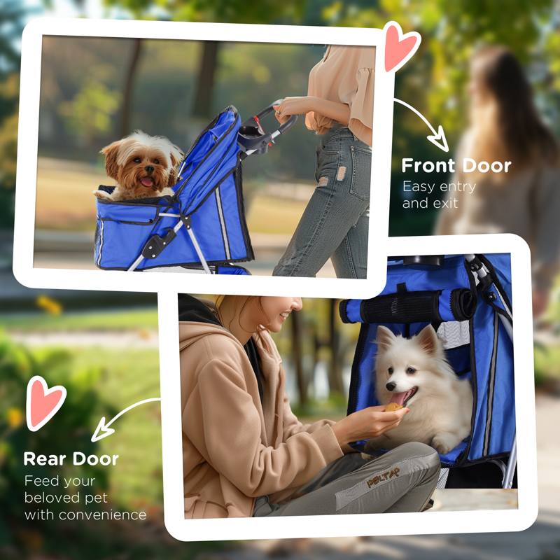 PawHut Dog Stroller, 3 Wheels Foldable Cat Dog Pram with Cup Holder, Storage Basket, Pet Stroller for Small Miniature Dogs, Blue