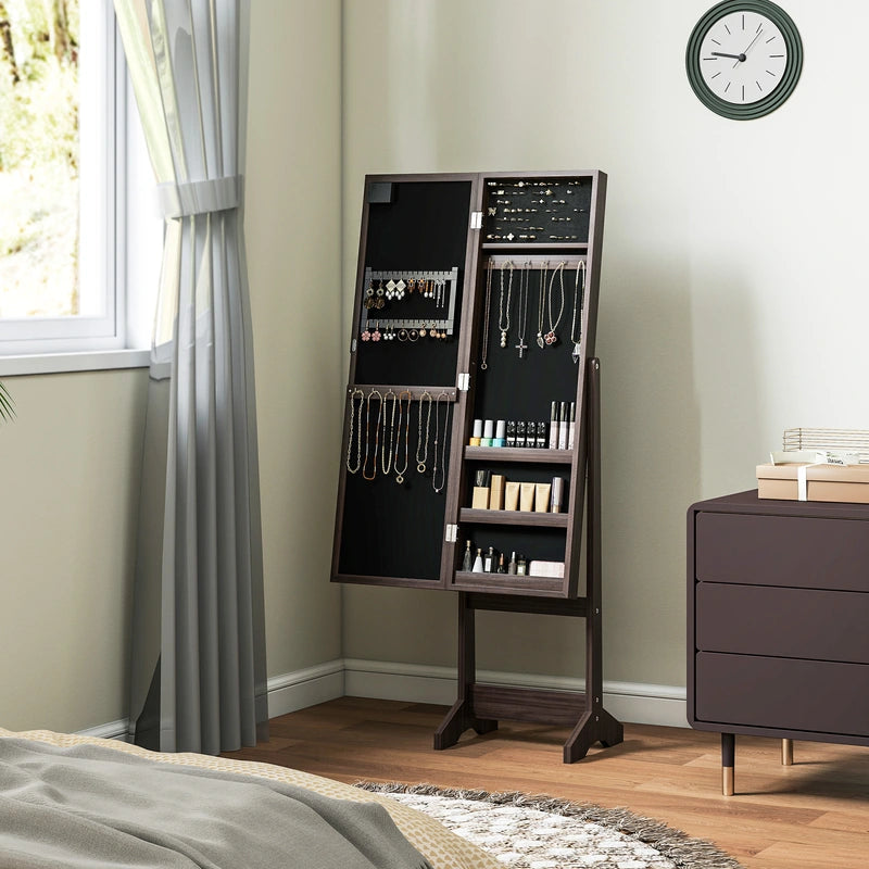 HOMCOM Free Standing Mirror Jewelry Cabinet with LED Lights, Jewellery Organiser with 3 Angle Adjustable, Full-Length Mirror with Storage for Earrings, Necklaces, Rings and Lipsticks, Dark Brown