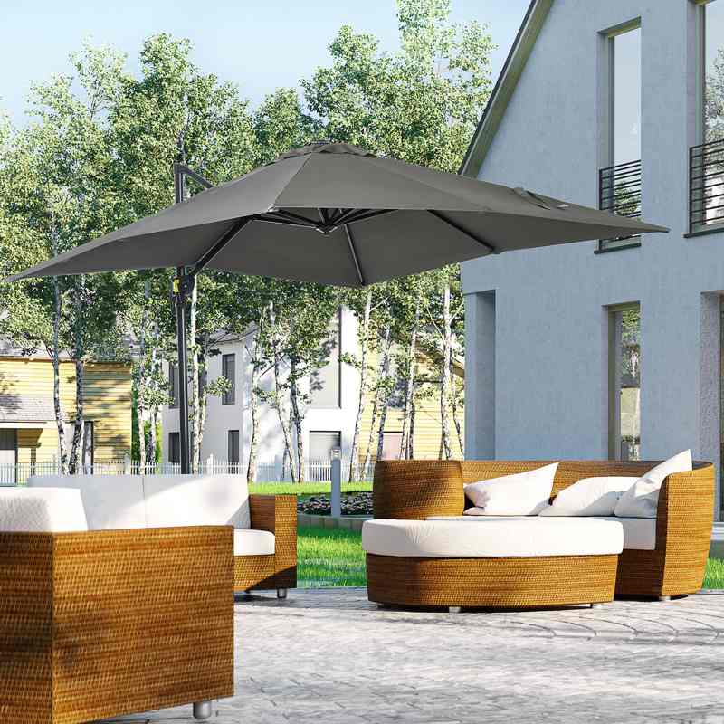Outsunny 2.5 x 2.5m Patio Offset Parasol Umbrella Cantilever Hanging Aluminium Sun Shade Canopy Shelter 360 Rotation with Crank Handle and Cross Base, Grey