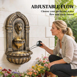 Outsunny Wall-Mounted Water Fountain, 3-Tier Cascading Waterfall with LED Lights and Adjustable Flow for Patio, Rustic Brown