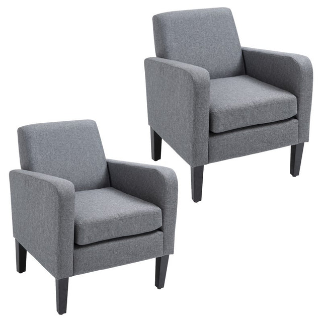 HOMCOM 2 Pieces Modern Armchairs with Rubber Wood Legs, Upholstered Accent Chairs, Single Sofa for Living Room, Bedroom, Grey