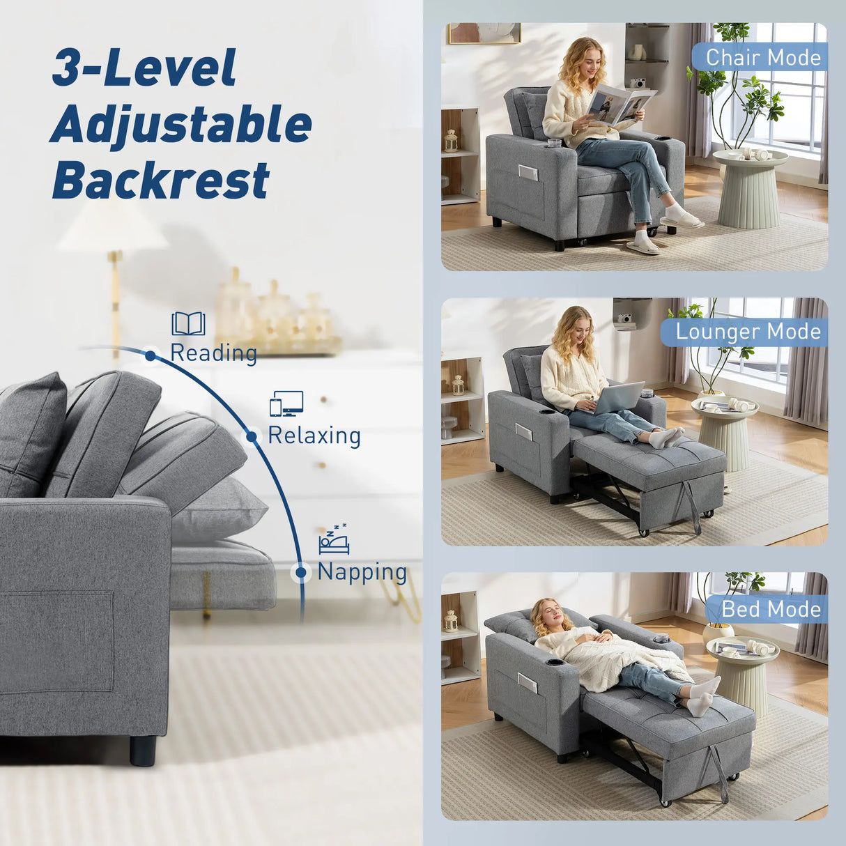 HOMCOM 3-in-1 Single Sofa Bed, Convertible Sleeper Chair Bed - Dark Grey