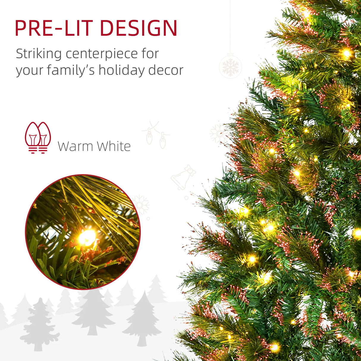HOMCOM 1.5m 5ft Pre-Lit Christmas Tree Artificial Spruce Xmas Tree Warm White LED Holiday Dcor with Metal Stand