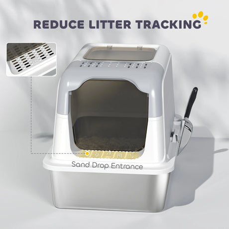PawHut Extra Large Stainless Steel Litter Box, Enclosed Cat Litter Tray with Scoop, Deodorizer Bag, Front-Entry and Top-Exit
