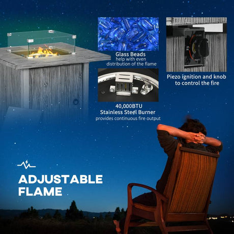 Outsunny 50,000 BTU Gas Fire Pit Table with Cover and Glass Screen - Grey