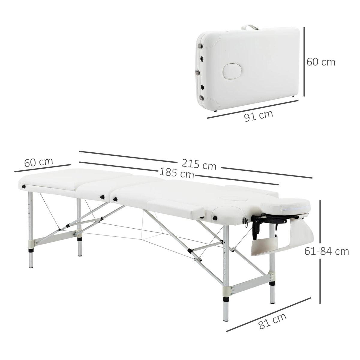 HOMCOM Foldable Massage Bed Portable Table, 3-Section Aluminium Foldable Beauty Couch, Professional Salon Spa Table with Headrest Support and Carry Bag, 81 cm Width, White