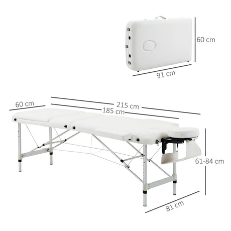 HOMCOM Foldable Massage Bed Portable Table, 3-Section Aluminium Foldable Beauty Couch, Professional Salon Spa Table with Headrest Support and Carry Bag, 81 cm Width, White