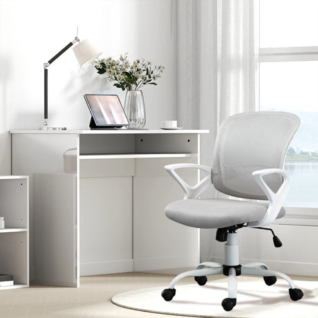 Vinsetto Home Office Chair and Computer Desk Set, Mesh Chair with Swivel Wheels, Study Desk with Storage Shelf, High Gloss White and Grey
