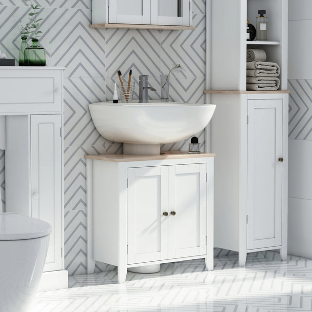 kleankin Under Sink Cabinet, Bathroom Sink Cabinet with 2 Doors, Pedestal Under Sink Design, Freestanding Bathroom Cupboard with Adjustable Shelf, White