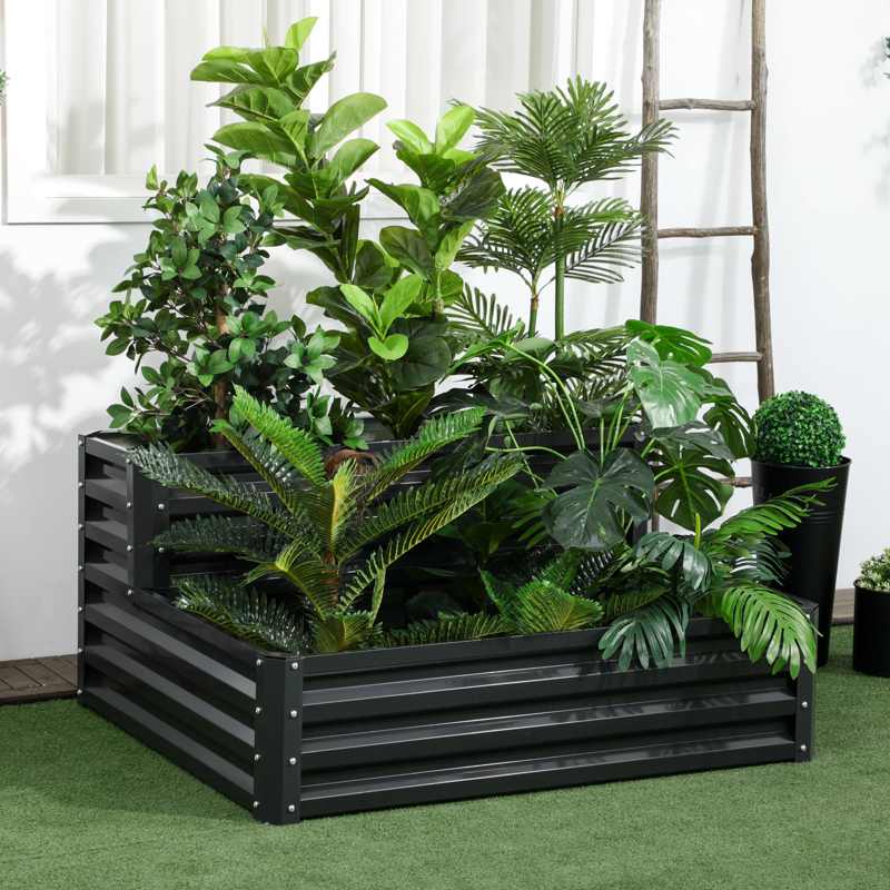 Outsunny 2 Tier Raised Garden Bed, Galvanised Planter Box with Open Bottom for Vegetables Flowers Herbs, 120x101x58cm, Dark Grey