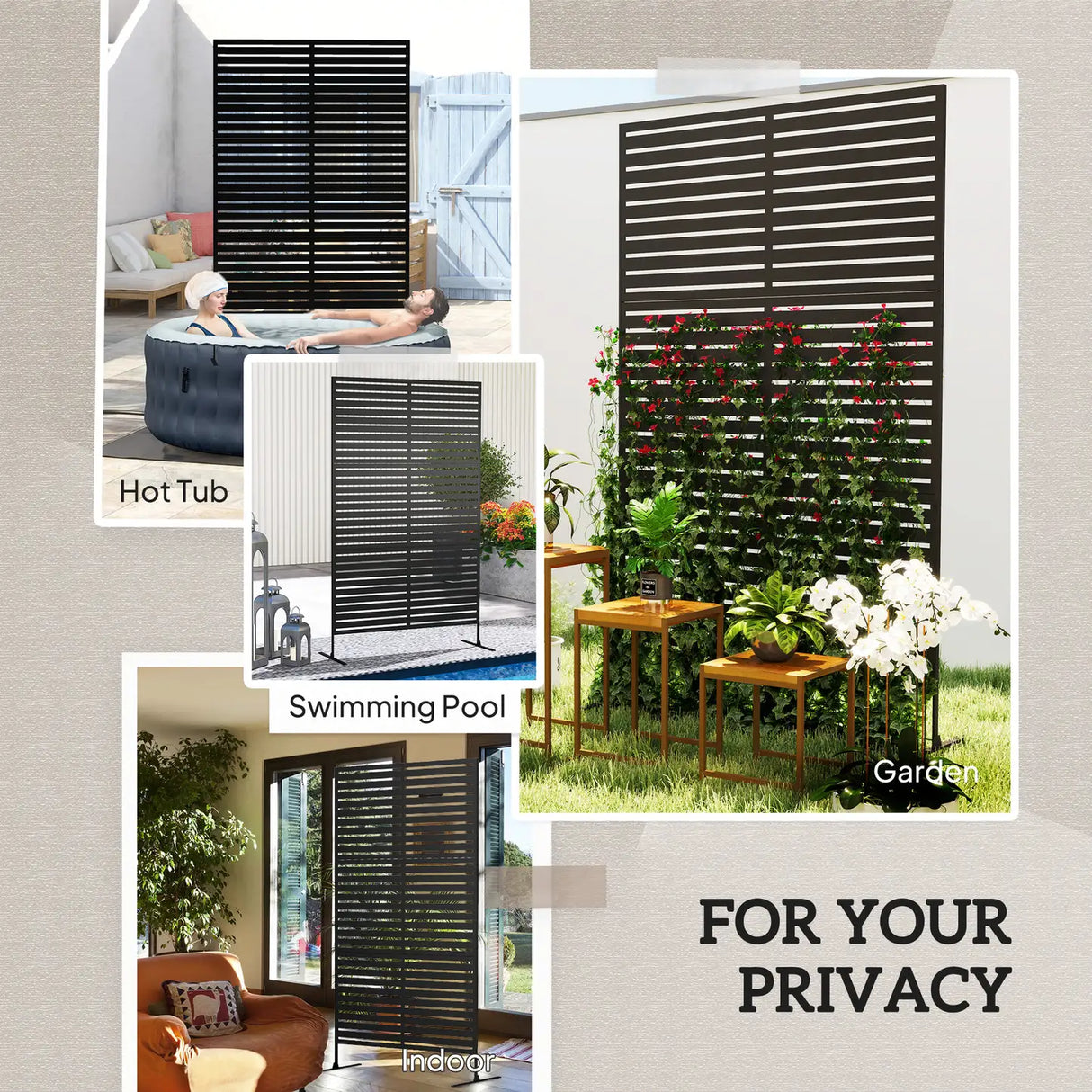 Outsunny Decorative Privacy Fence Screen, Metal Outdoor Privacy Screen Climbing Plant Trellis with Stand, 122 x 198 cm, Black