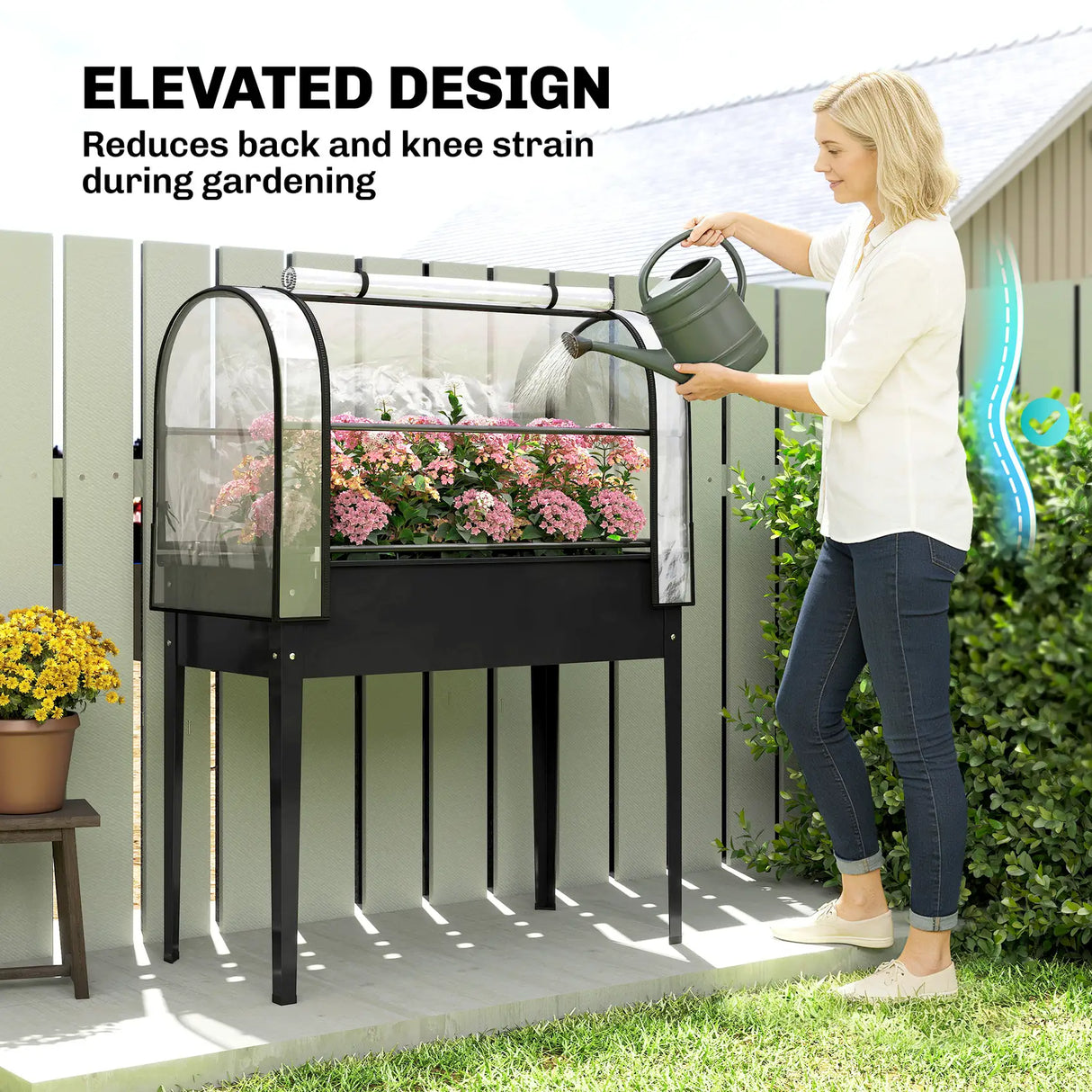 Outsunny Raised Planter with Flip-Up Greenhouse Cover, Metal Raised Garden Bed on Legs with Drainage Hole, Black
