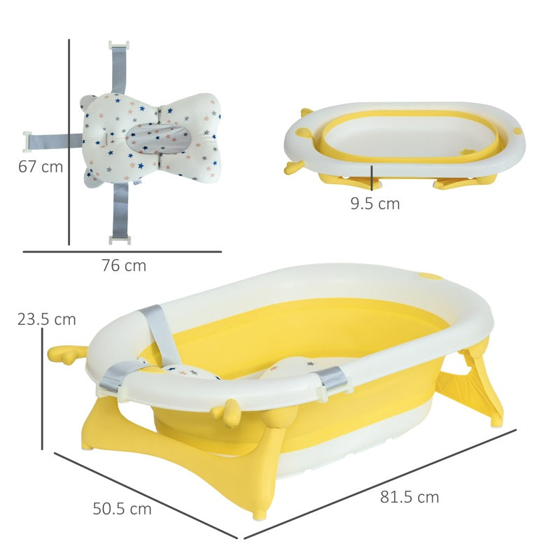 HOMCOM Foldable Baby Bathtub Set, Collapsible Bath Tub with Thermostatic Water Plug, Non-Slip Support, Cushion Pad, Drain Plugs, for Newborn to 3 Years - Yellow